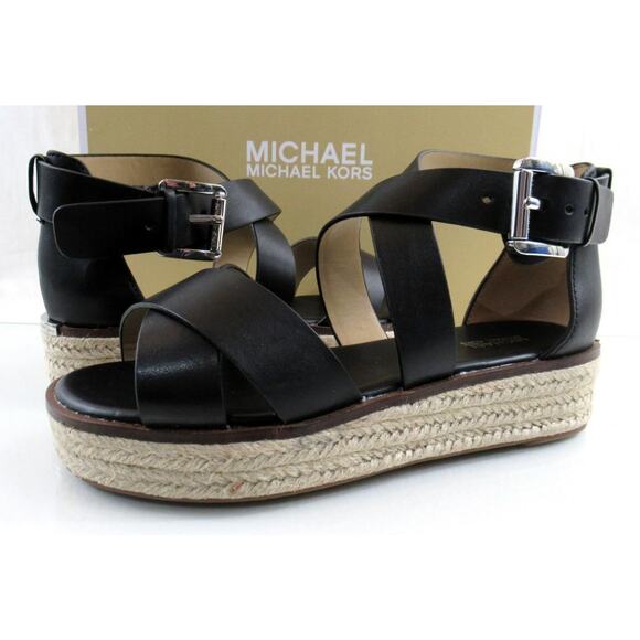 Michael Kors Darby Crisscross Platform Espadrille Sandals Black Leather Size 7 - Picture 5 of 8